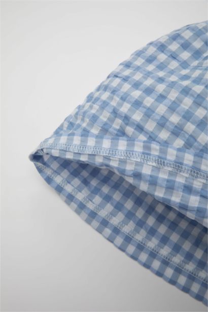 فستان بناتي كاروهات قصة عادية بدون كم برقبة مربعة