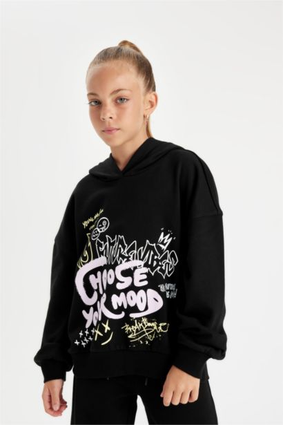 Girl Oversize Fit Hooded Printed Sweatshirt