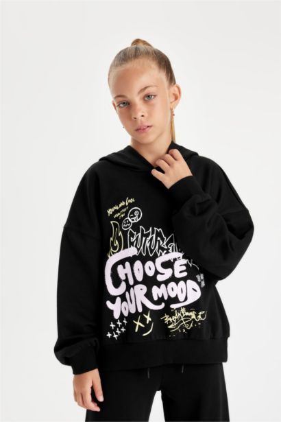 Girl Oversize Fit Hooded Printed Sweatshirt