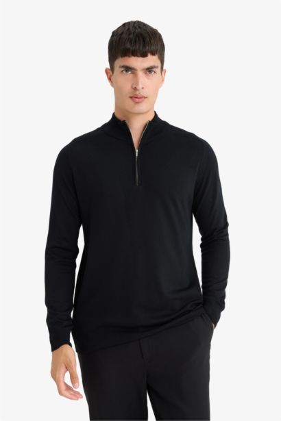 Standard Fit Stand Collar Half Zippered Knit Pullover