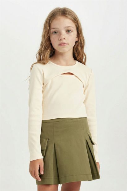 T-shirt Slim à manches longues et col rond en côtelé pour Fille