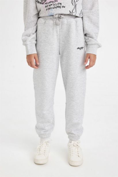 Kız Çocuk Baskılı Beli Paçası Lastikli Gri Jogger Eşofman Altı