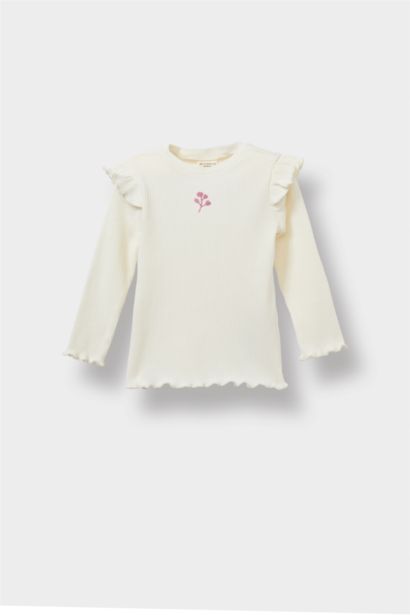 Baby Girl Crew Neck Floral Ribbed T-Shirt