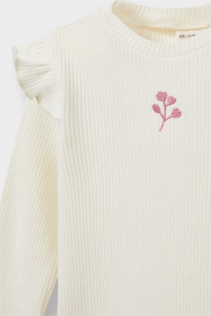 Baby Girl Crew Neck Floral Ribbed T-Shirt