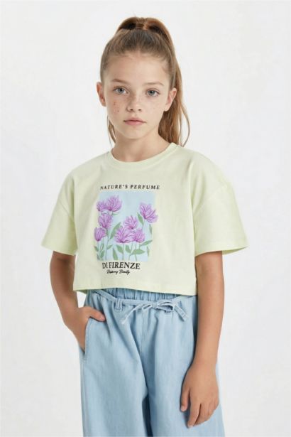 Girl Crew Neck Printed Crop T-Shirt