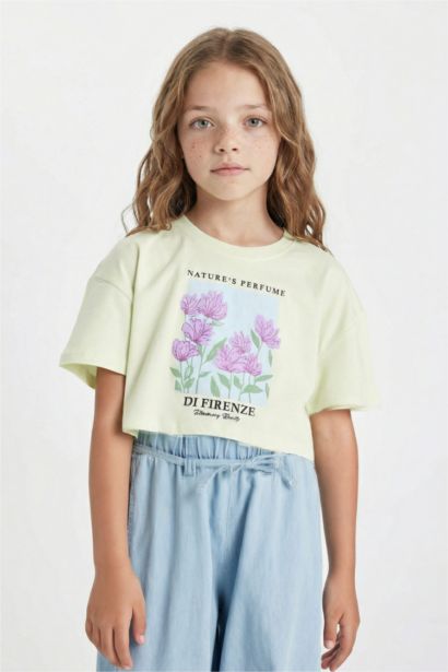 Girl Crew Neck Printed Crop T-Shirt