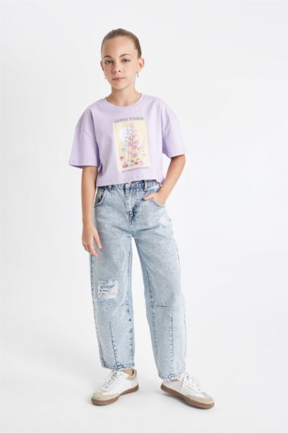 Crop Bisiklet Yaka Baskılı Kısa Kollu Tişört Kız Çocuk