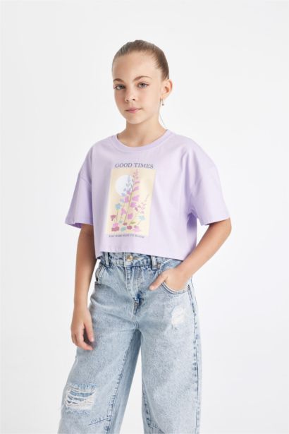 Crop Bisiklet Yaka Baskılı Kısa Kollu Tişört Kız Çocuk