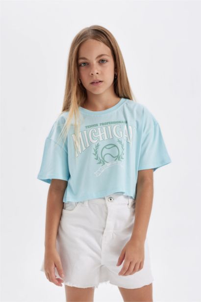 Crop Bisiklet Yaka Baskılı Kısa Kollu Tişört Kız Çocuk