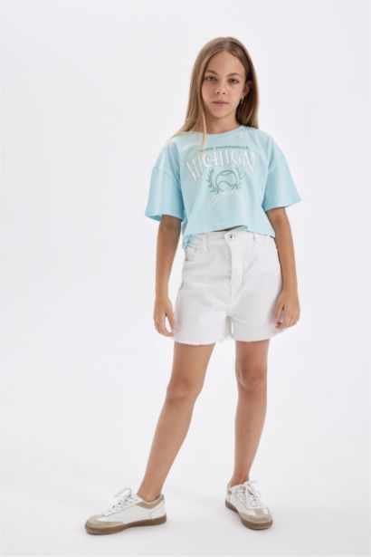 Crop Bisiklet Yaka Baskılı Kısa Kollu Tişört Kız Çocuk