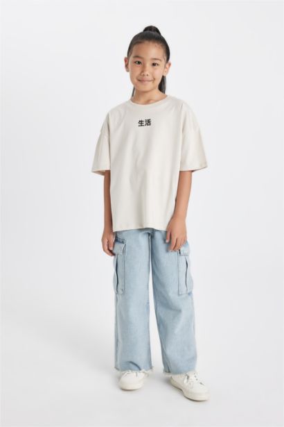 تيشيرت بناتي اوفر سايز نص كم بطبعة