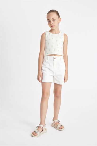 Girl Crew Neck Hawaiian Printed Crop Top