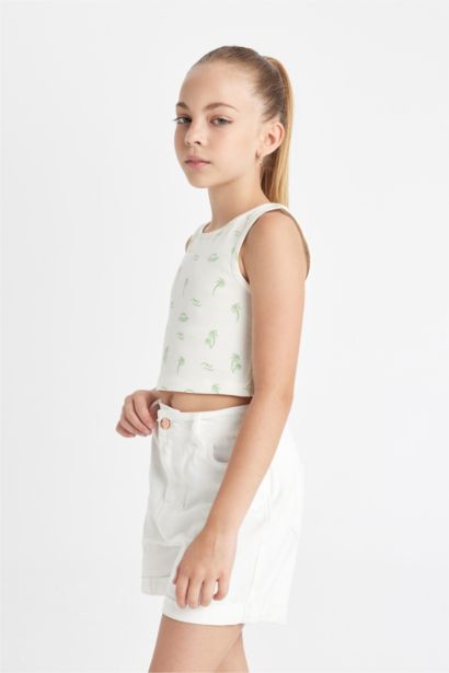 Girl Crew Neck Hawaiian Printed Crop Top