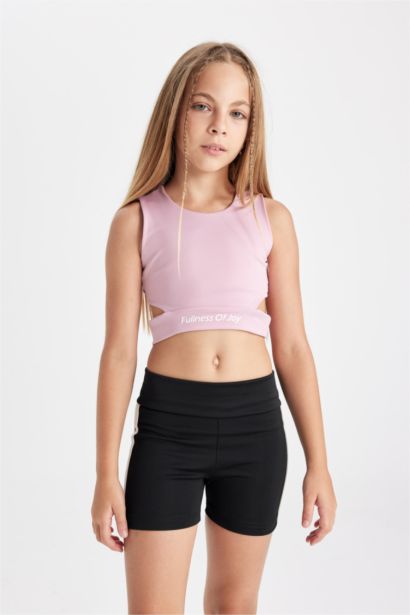 Girl Crew Neck Sports Printed Crop Top