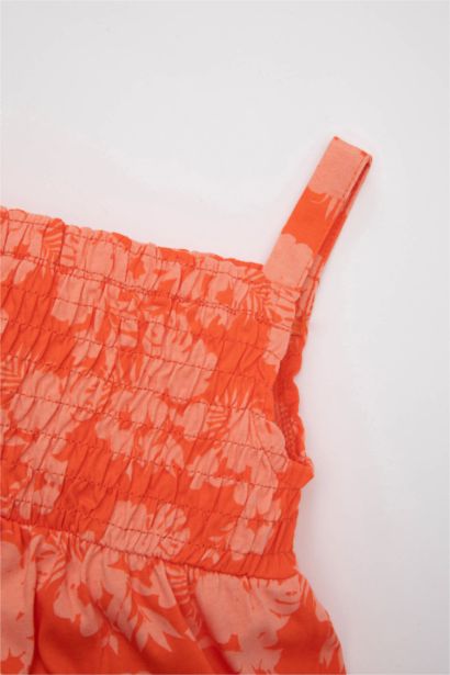 فستان فلورال بناتي ممشط قصة عادية بدون كم بحمالات