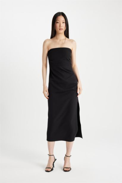 Bodycon Straplez Siyah Midi Abiye Elbise