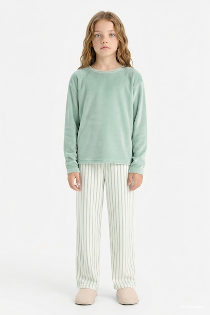 Girl Fleece Top Striped Bottoms 2 Piece Pyjamas Set