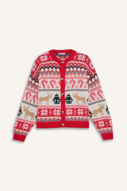 Christmas Themed Crew Neck Buttoned Pullover