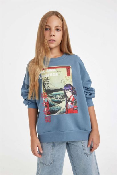 Hatsune Miku Relax Fit Bisiklet Yaka İçi Yumuşak Tüylü Sweatshirt Kız Çocuk