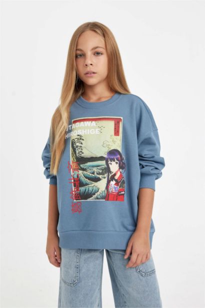 Hatsune Miku Relax Fit Bisiklet Yaka İçi Yumuşak Tüylü Sweatshirt Kız Çocuk