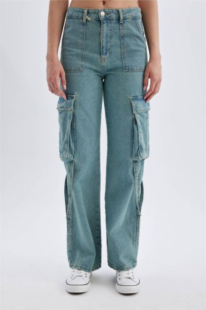 Wıde Leg Kargo Yüksek Bel Uzun Jean Yıkamalı Pantolon