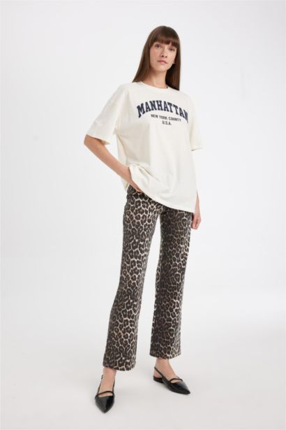 Straight Fit High Waist Long Gabardine Leopard Trousers