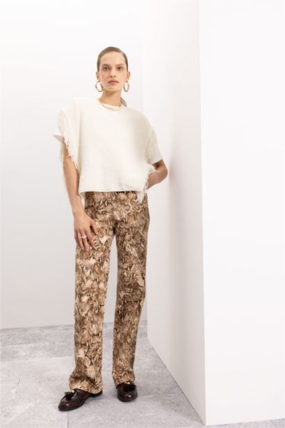 Straight Fit Gabardin Palazzo Pantolon Yılan Derisi Desenli Yüksek Bel Cepli Uzun