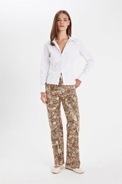 Straight Fit Gabardin Palazzo Pantolon Yılan Derisi Desenli Yüksek Bel Cepli Uzun