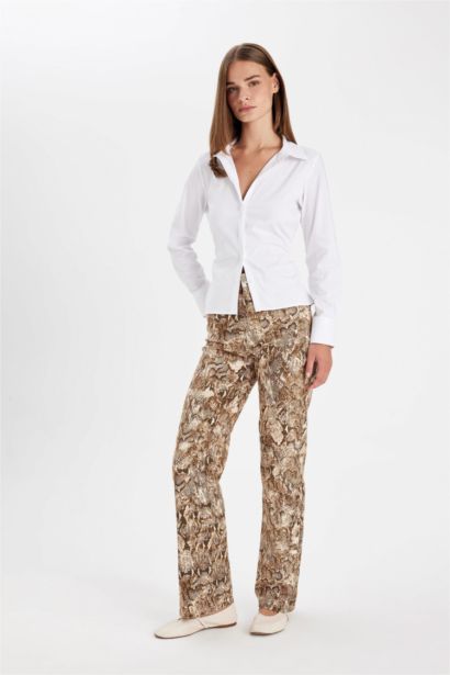 Straight Fit Gabardin Palazzo Pantolon Yılan Derisi Desenli Yüksek Bel Cepli Uzun