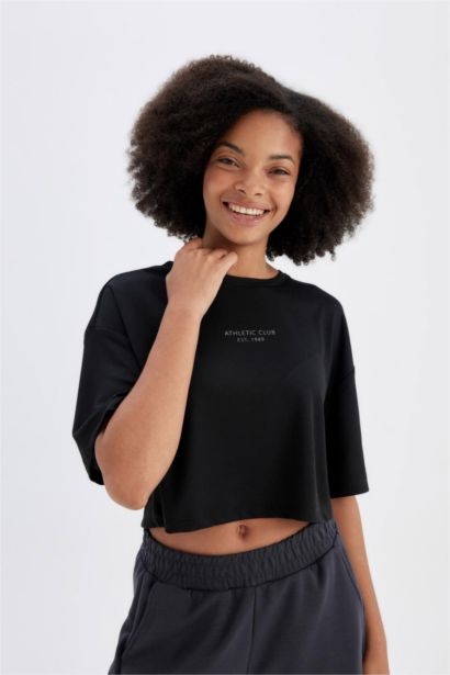 Oversize Geniş Kalıp Bisiklet Yaka Baskılı Sporcu Modal Kısa Kollu Tişört