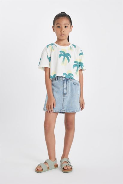 Girl Crew Neck Patterned Crop T-Shirt