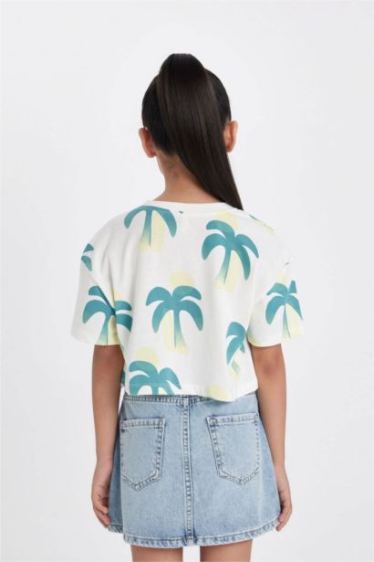 Girl Crew Neck Patterned Crop T-Shirt