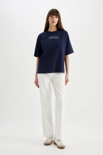 Oversize Fit Crew Neck Slogan Printed Cotton T-Shirt