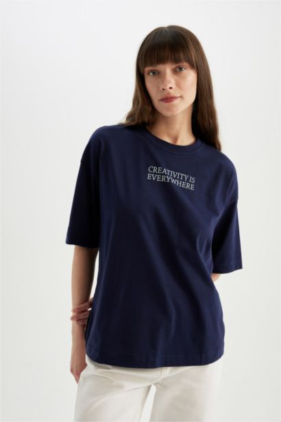 Oversize Fit Crew Neck Slogan Printed Cotton T-Shirt