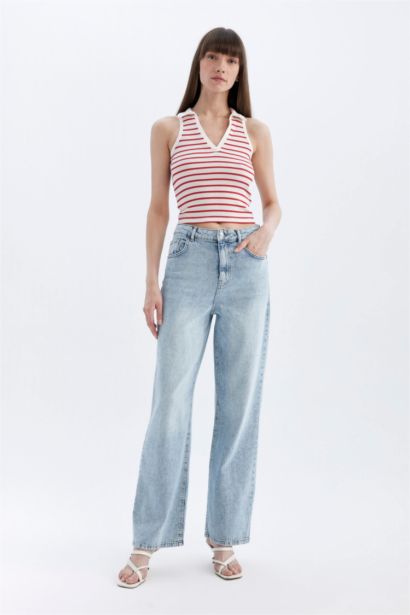 Slim Fit Striped Polo Neck Ribbed Crop Top