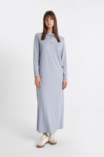 Regular Fit Buttoned Polo Neck Basic Pique Maxi Dress