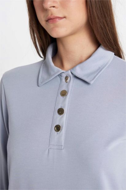 Regular Fit Buttoned Polo Neck Basic Pique Maxi Dress