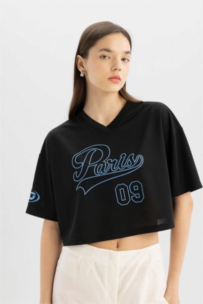 Oversize Fit V Neck Printed Short Sleeve T-Shirt