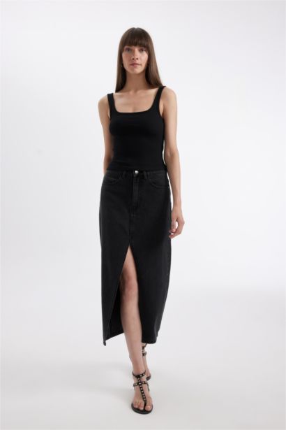 Long Fit Yırtmaçlı Jean Midi Etek