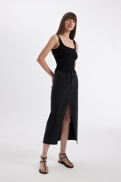 Long Fit Yırtmaçlı Jean Midi Etek