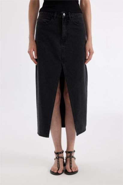 Long Fit Yırtmaçlı Jean Midi Etek