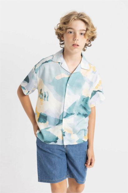 Boy Oversize Polo Collar Viscose Short Sleeve Shirt
