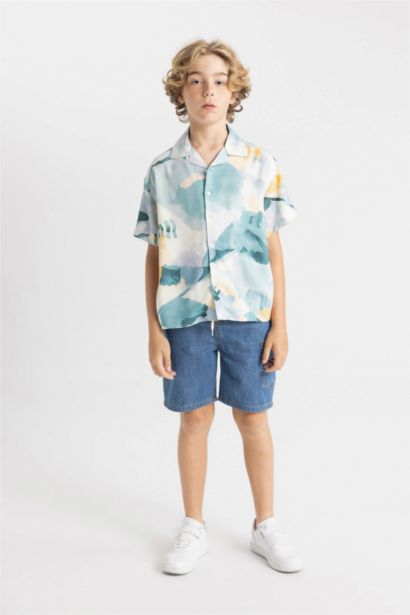 Boy Oversize Polo Collar Viscose Short Sleeve Shirt