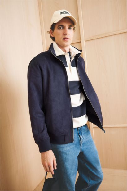 Slim Fit Dar Kesim Dik Yaka Astarlı Fermuarlı Cepli Süet Mevsimlik Baharlık Mont