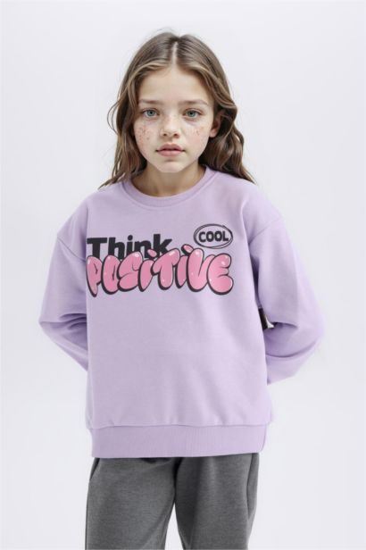 Relax Fit Bisiklet Yaka Baskılı İçi Yumuşak Tüylü Sweatshirt Kız Çocuk