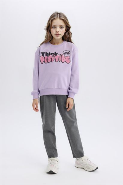 Relax Fit Bisiklet Yaka Baskılı İçi Yumuşak Tüylü Sweatshirt Kız Çocuk