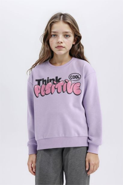 Relax Fit Bisiklet Yaka Baskılı İçi Yumuşak Tüylü Sweatshirt Kız Çocuk