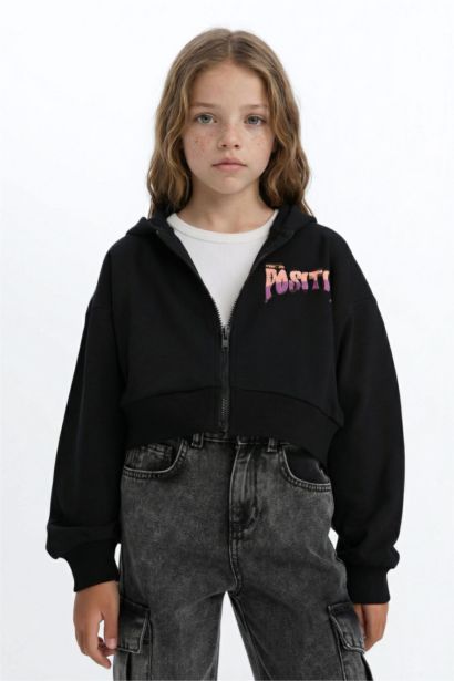 Girl Printed Hooded Soft Furry Inside Zippered Sweatshirt