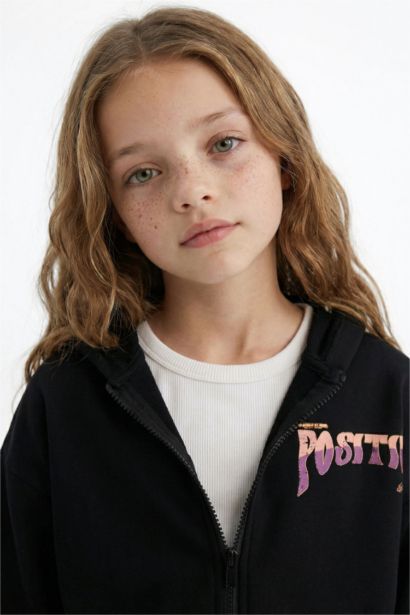 Girl Printed Hooded Soft Furry Inside Zippered Sweatshirt