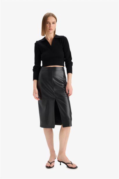Pencil Skirt Faux Leather High Waist Midi Knitted Skirt